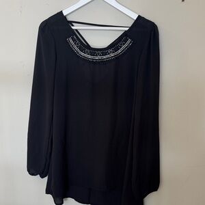 Studio Y Black Blouse with Beaded Neckline